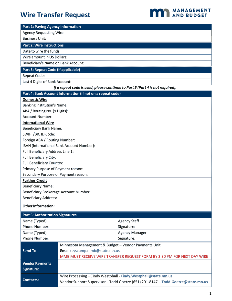 Form 0802-02.3X Wire Transfer Request - Minnesota, Page 1