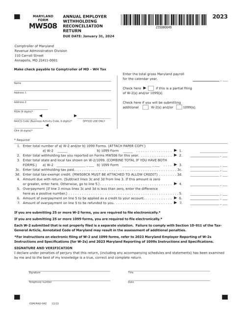 Maryland Form MW508 (COM/RAD-042) Annual Employer Withholding Reconciliation Return - Maryland, 2023