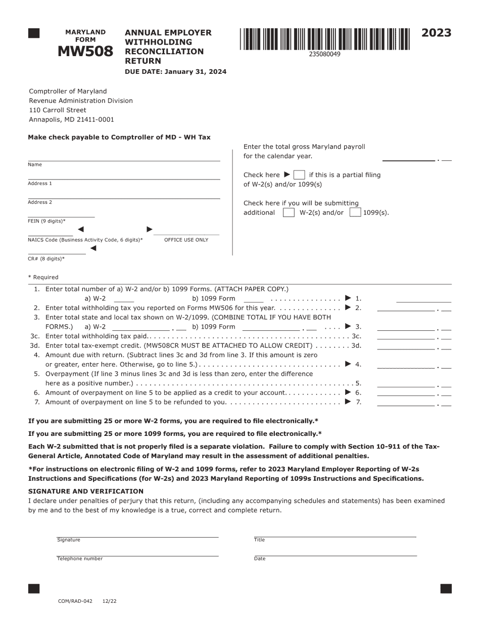Maryland Form MW508 (COM / RAD-042) Annual Employer Withholding Reconciliation Return - Maryland, Page 1