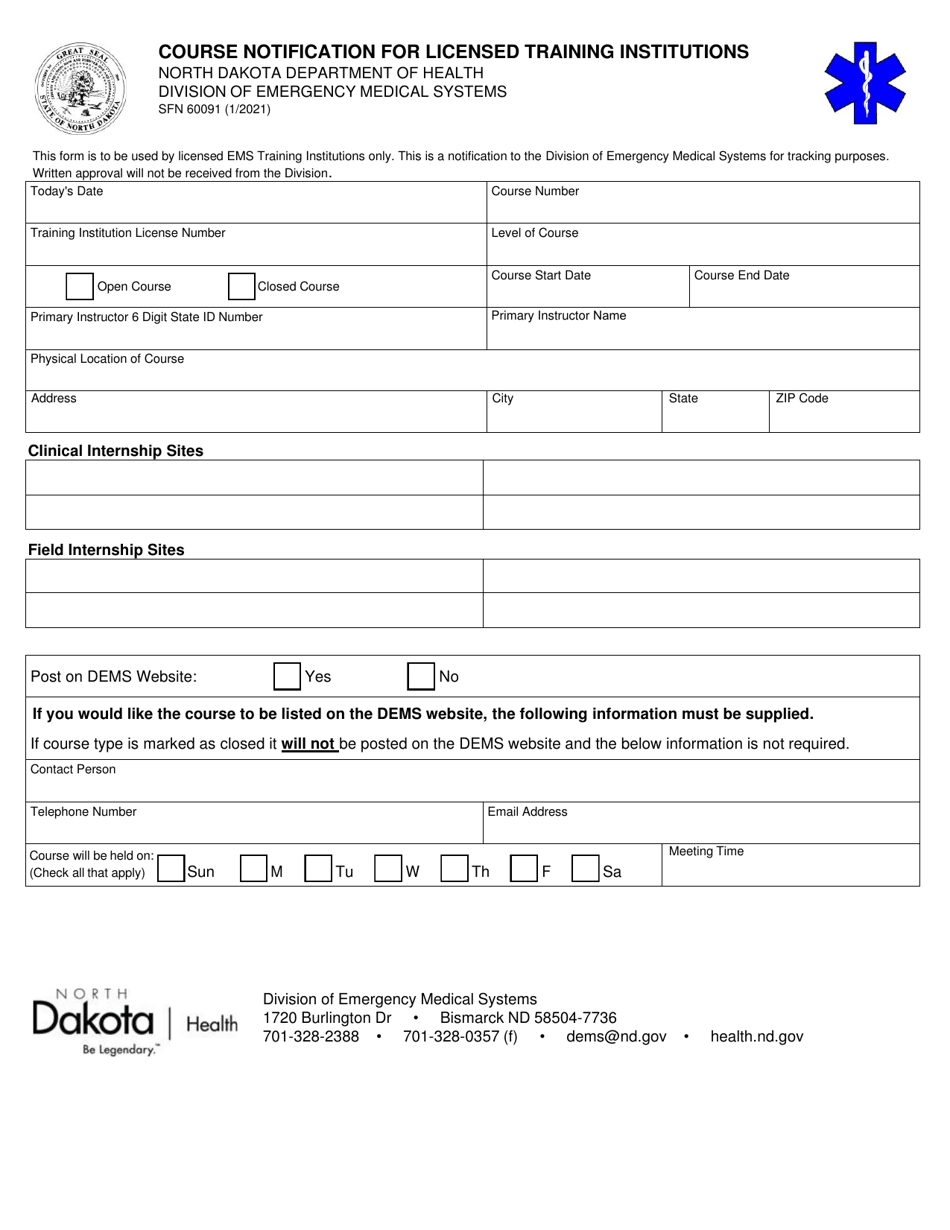 Form SFN60091 Course Notification for Licensed Training Institutions - North Dakota, Page 1