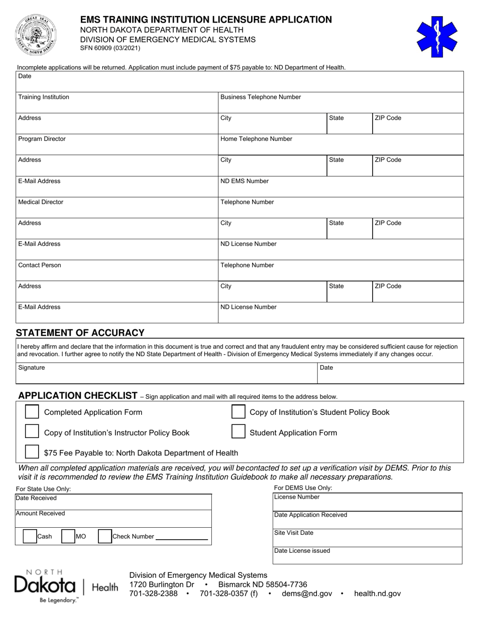 Form SFN60909 EMS Training Institution Licensure Application - North Dakota, Page 1