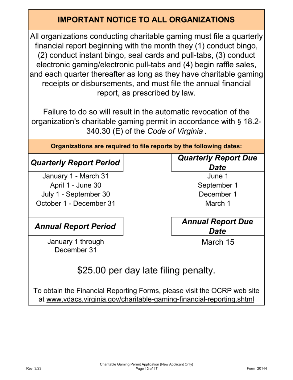 Form 201-N Charitable Gaming Permit Application (New Applicant Only) - Virginia, Page 12