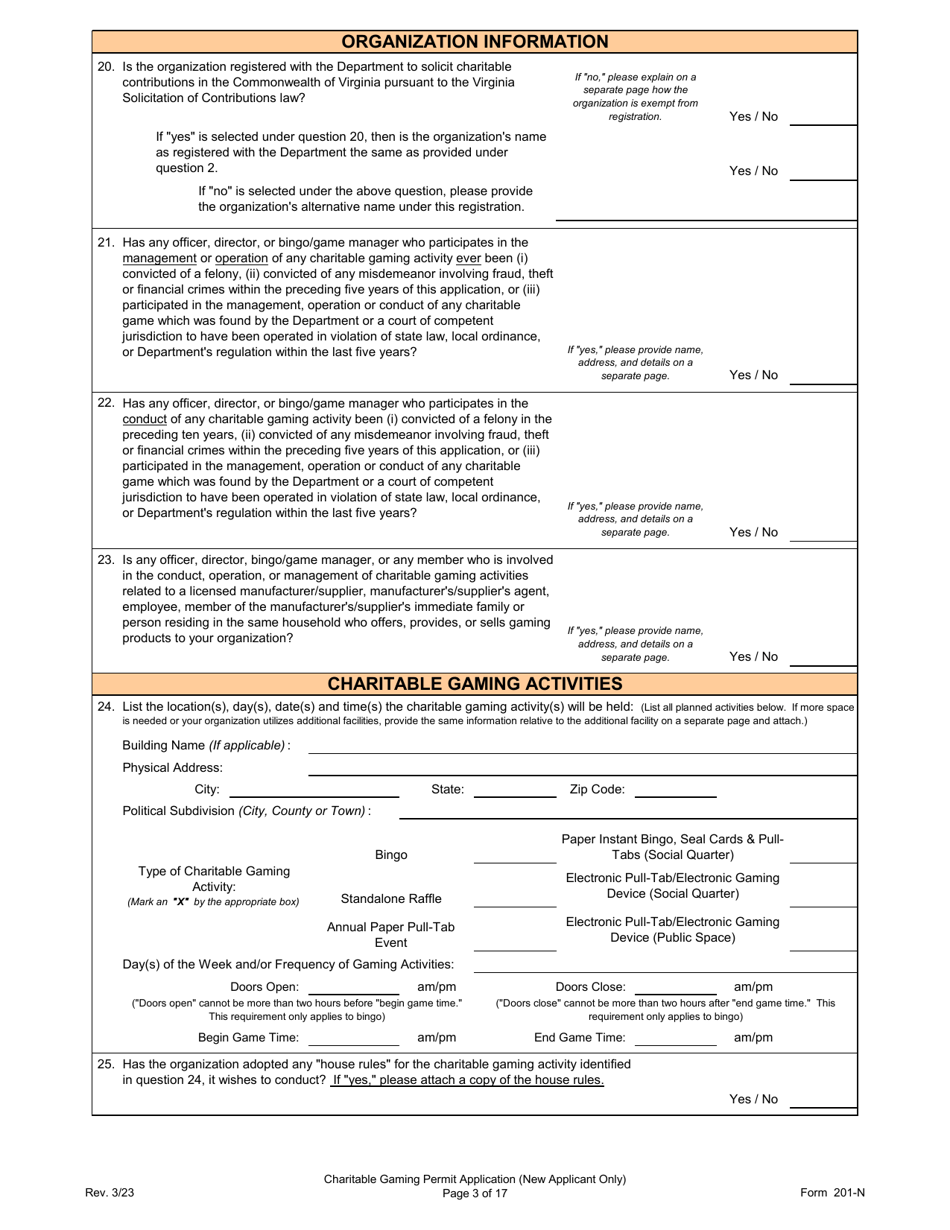 Form 201-N Charitable Gaming Permit Application (New Applicant Only) - Virginia, Page 3