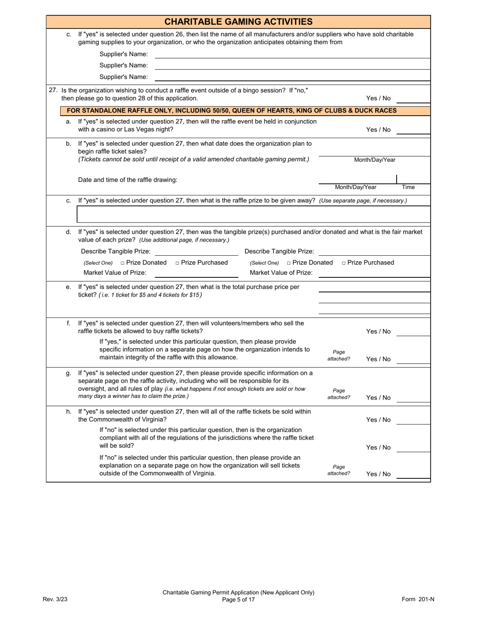 Form 201-N Charitable Gaming Permit Application (New Applicant Only) - Virginia, Page 5
