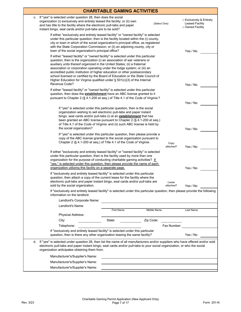 Form 201-N Charitable Gaming Permit Application (New Applicant Only) - Virginia, Page 7