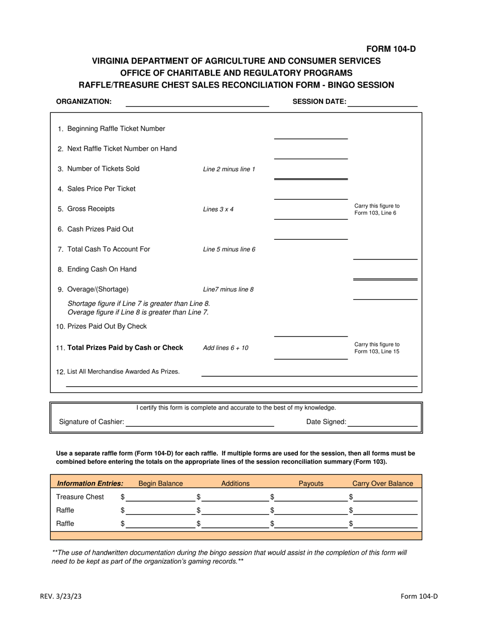 Form 104-D Raffle / Treasure Chest Sales Reconciliation Form - Bingo Session - Virginia, Page 1
