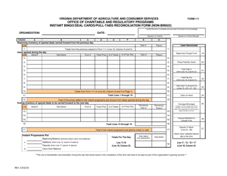 Document preview: Form 111 Instant Bingo/Seal Cards/Pull-Tabs Reconciliation Form (Non-bingo) - Virginia