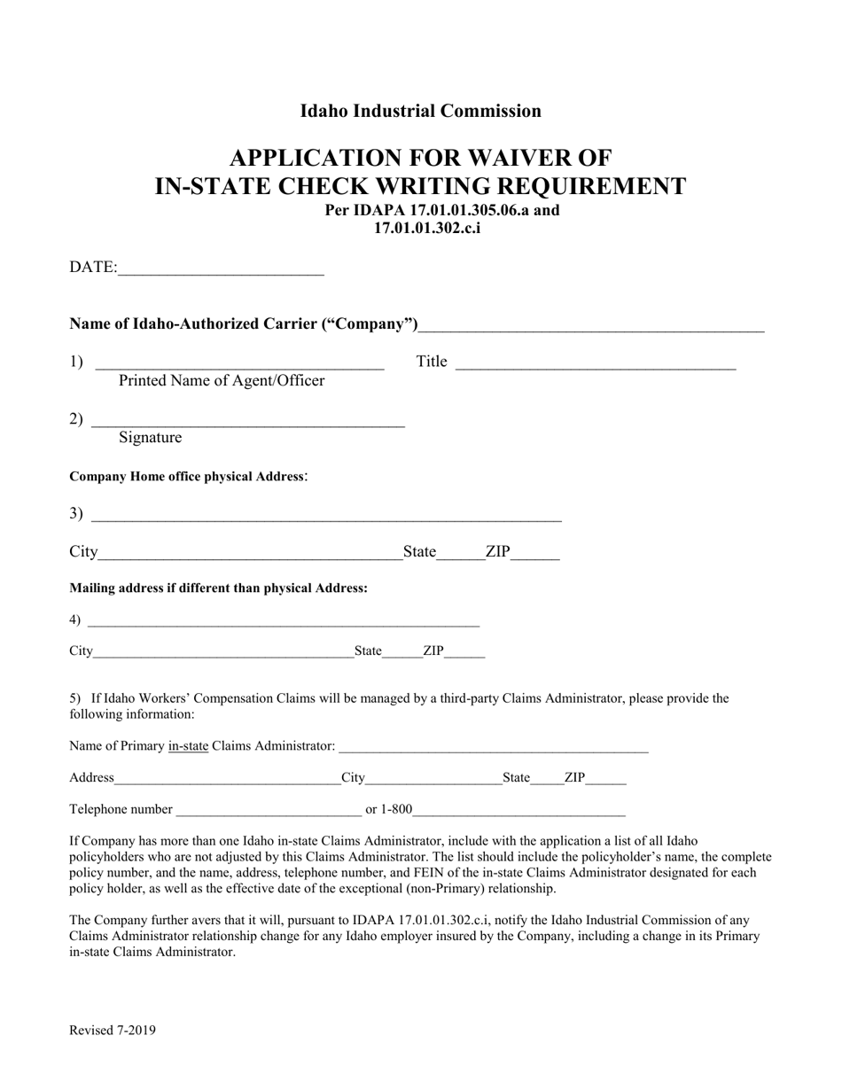 Application for Waiver of in-State Check Writing Requirement - Idaho, Page 1
