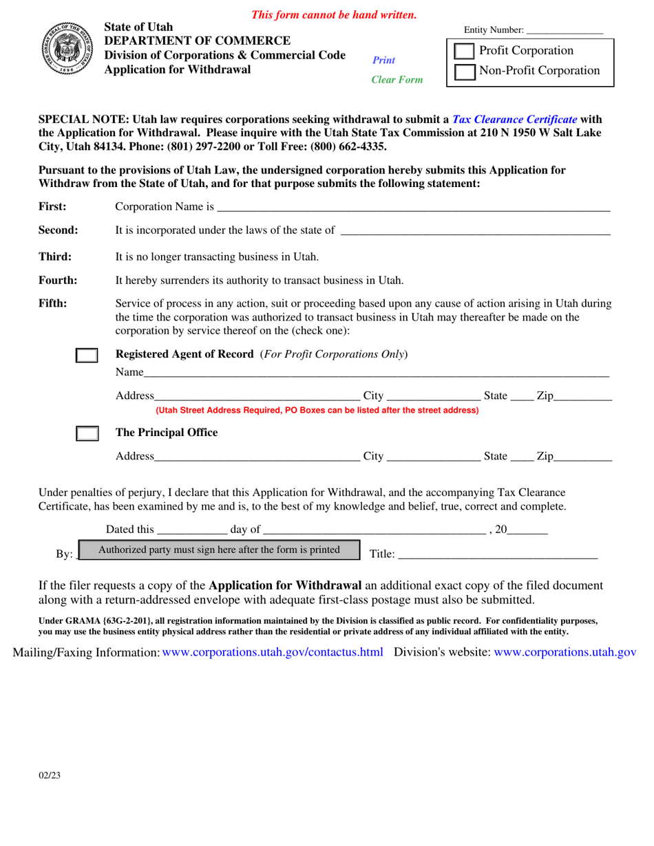 Application for Withdrawal - Utah, Page 1