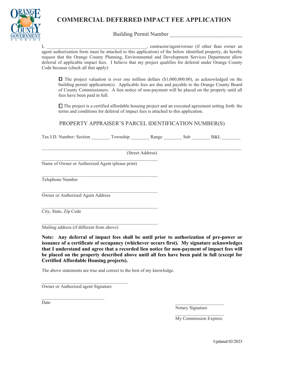 Commercial Deferred Impact Fee Application - Orange County, Florida, Page 1