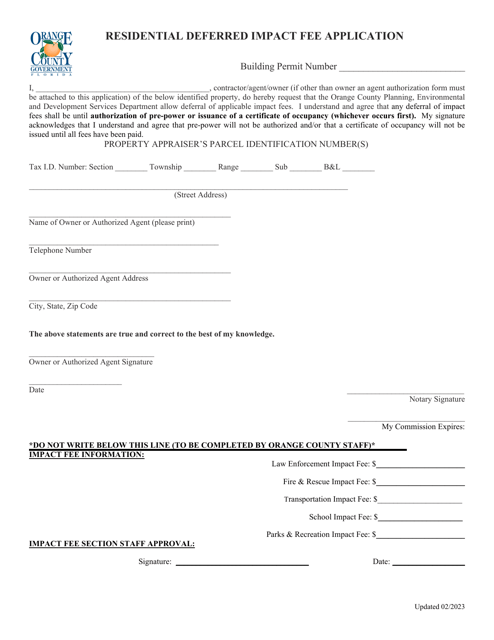 Residential Deferred Impact Fee Application - Orange County, Florida Download Pdf