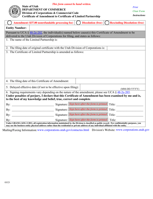 Certificate of Amendment to Certificate of Limited Partnership - Utah Download Pdf