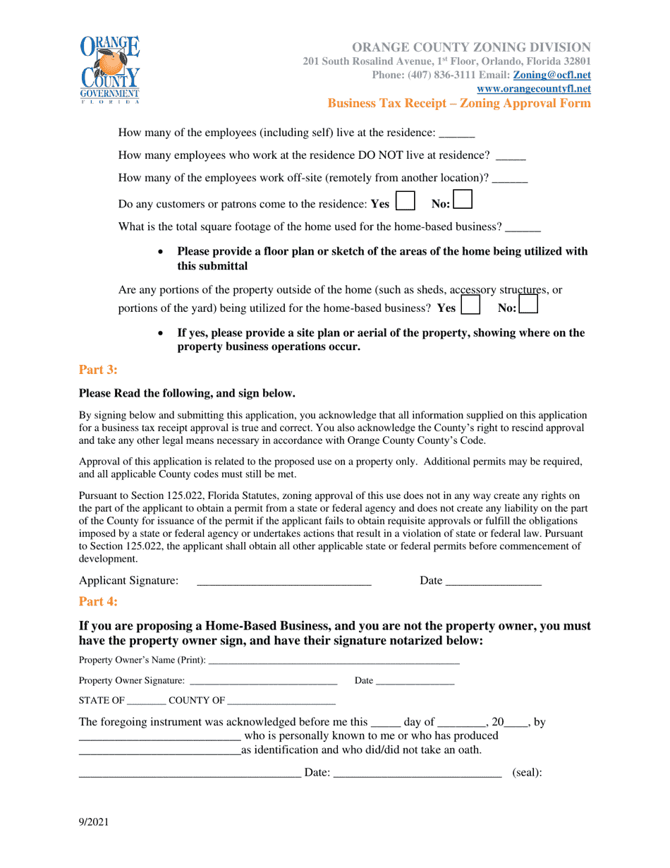 Orange County, Florida Business Tax Receipt Zoning Approval Form