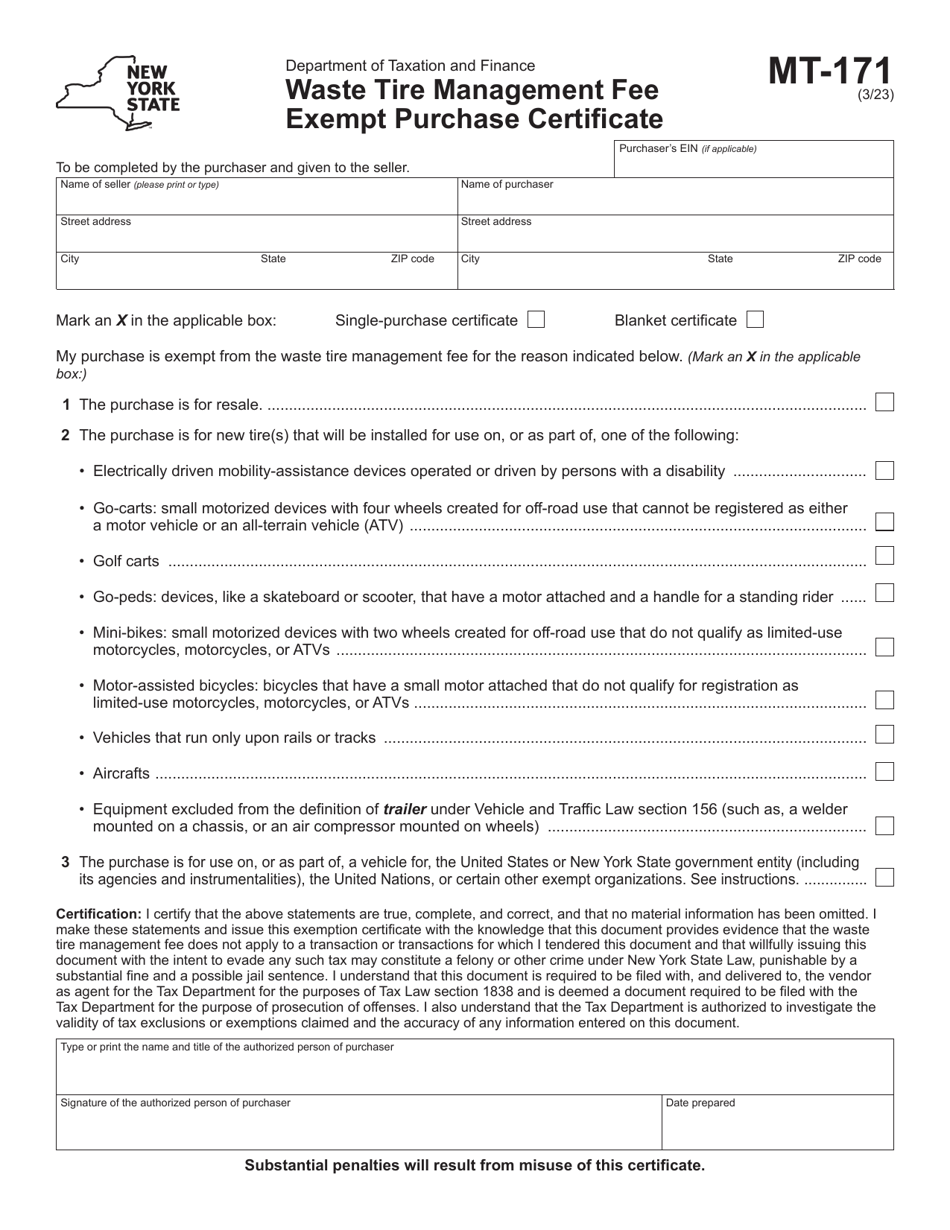 Form MT-171 Waste Tire Management Fee Exempt Purchase Certificate - New York, Page 1
