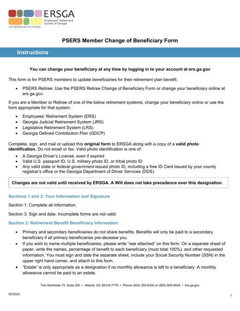 Form B9-PSERS Psers Member Change of Beneficiary Form - Georgia (United States)