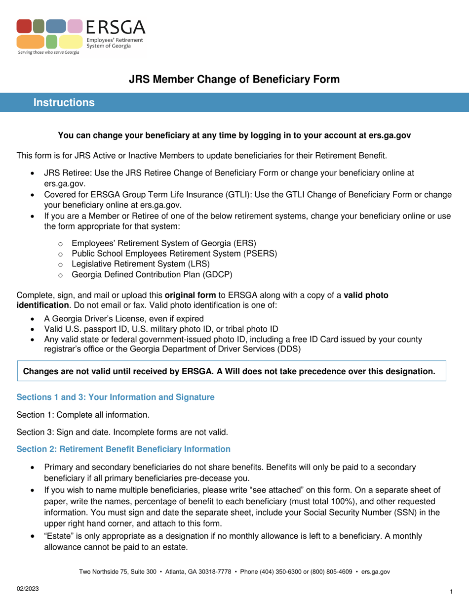 Form B9-JRS Jrs Member Change of Beneficiary Form - Georgia (United States), Page 1