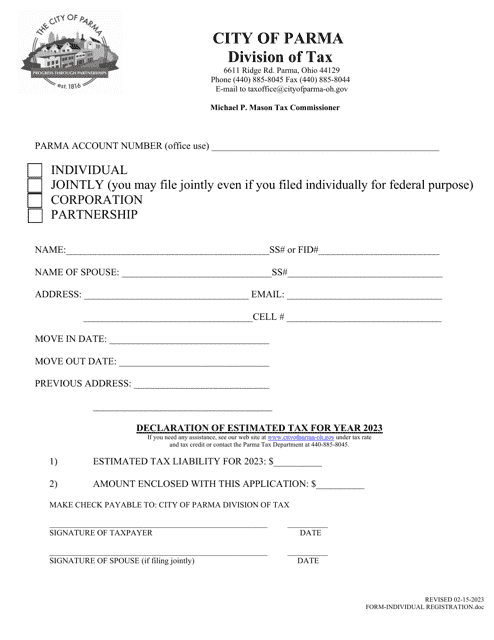 Individual Registration Form - City of Parma, Ohio Download Pdf