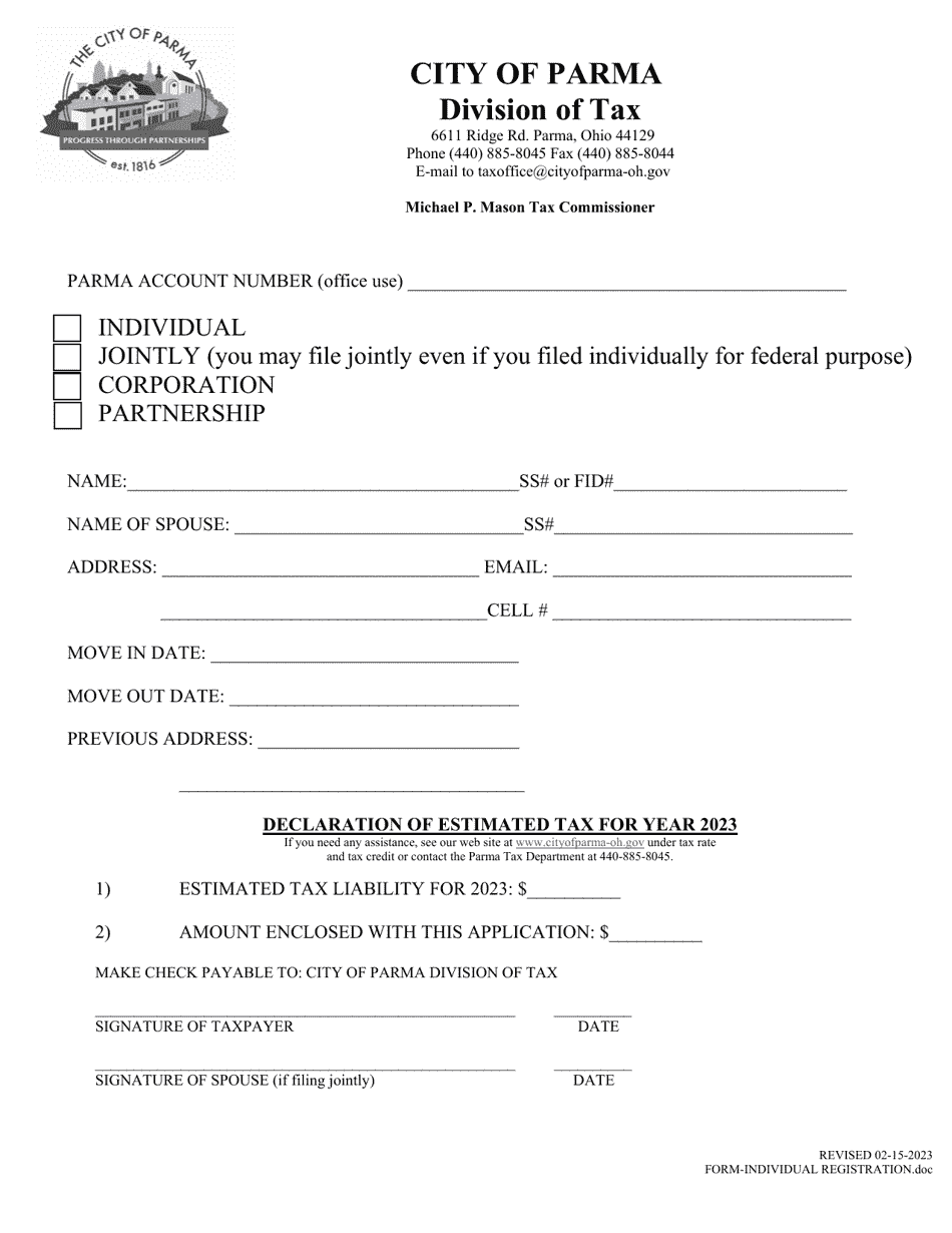 Individual Registration Form - City of Parma, Ohio, Page 1
