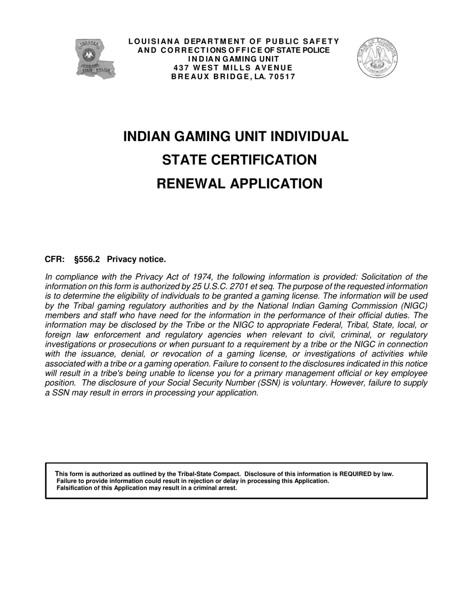 Form DPSSP0093 Indian Gaming Unit Individual State Certification Renewal Application - Louisiana, Page 1