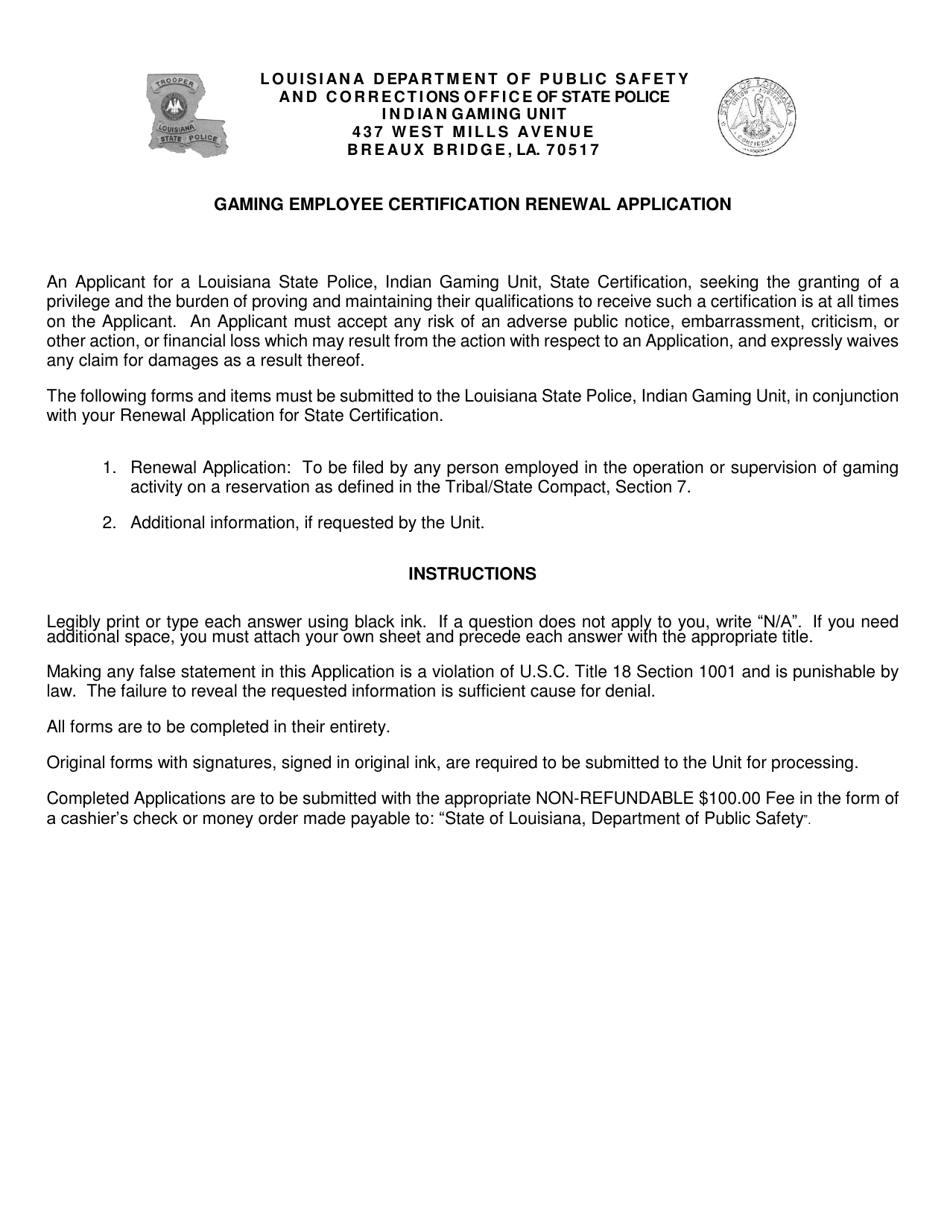 Form DPSSP0093 Indian Gaming Unit Individual State Certification Renewal Application - Louisiana, Page 3