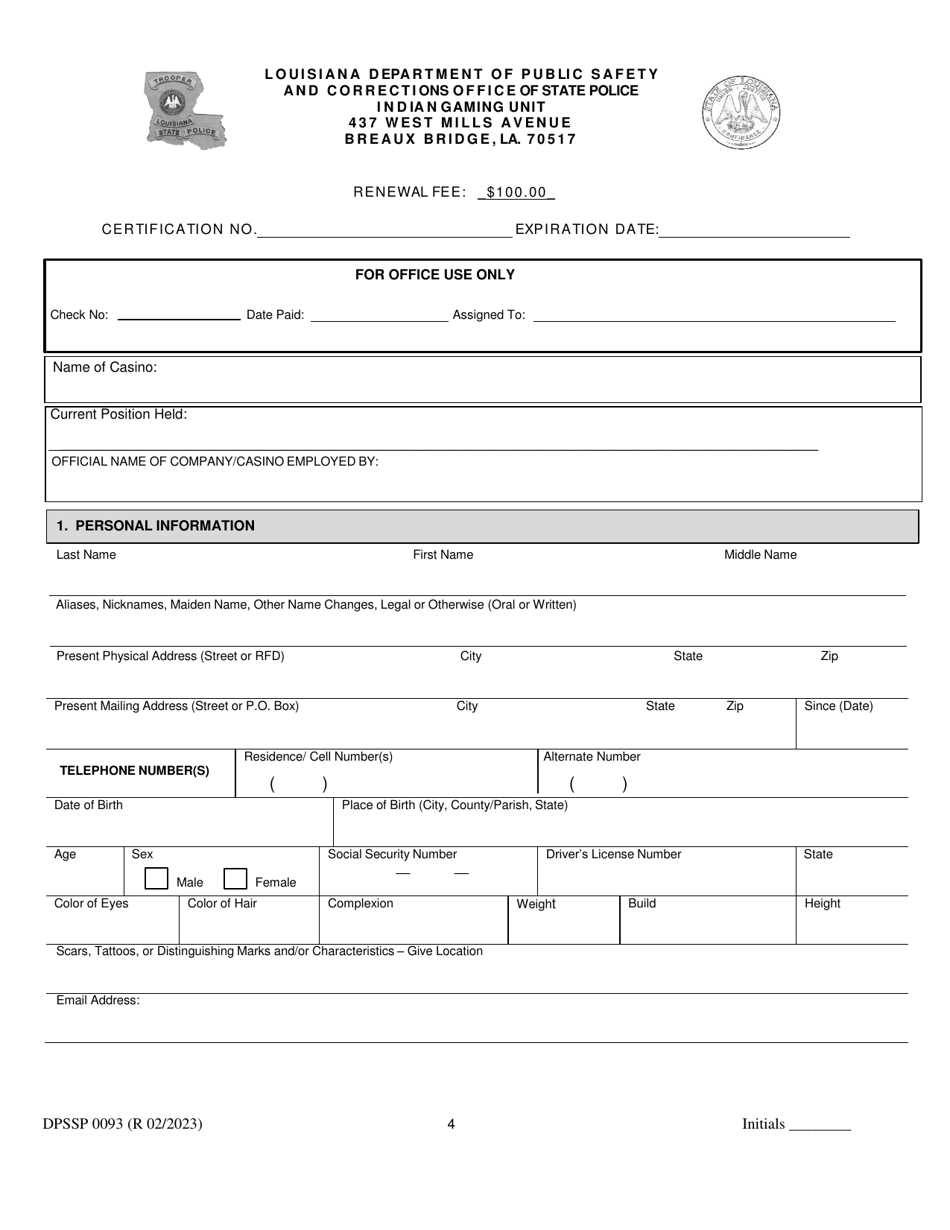 Form DPSSP0093 Indian Gaming Unit Individual State Certification Renewal Application - Louisiana, Page 7
