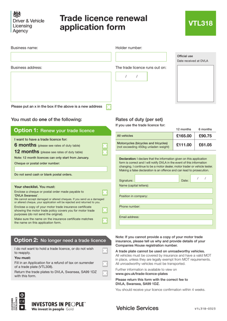 Form VTL318 Trade Licence Renewal Application Form - United Kingdom