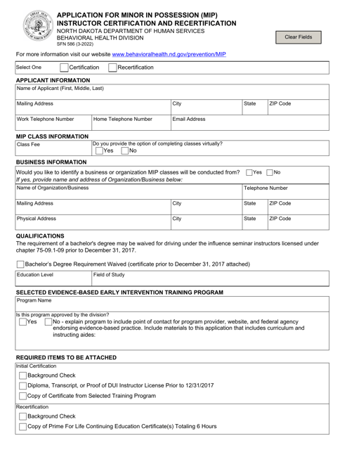 Form SFN586 Application for Minor in Possession (Mip) Instructor Certification and Recertification - North Dakota