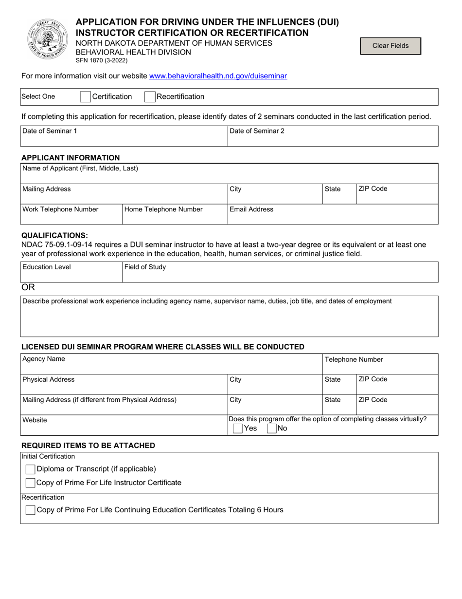 Form SFN1870 Application for Driving Under the Influences (Dui) Instructor Certification or Recertification - North Dakota, Page 1