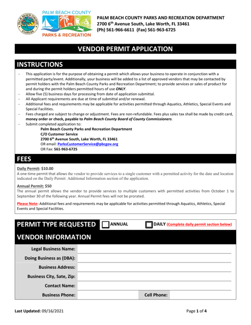 Vendor Permit Application - Palm Beach County, Florida Download Pdf