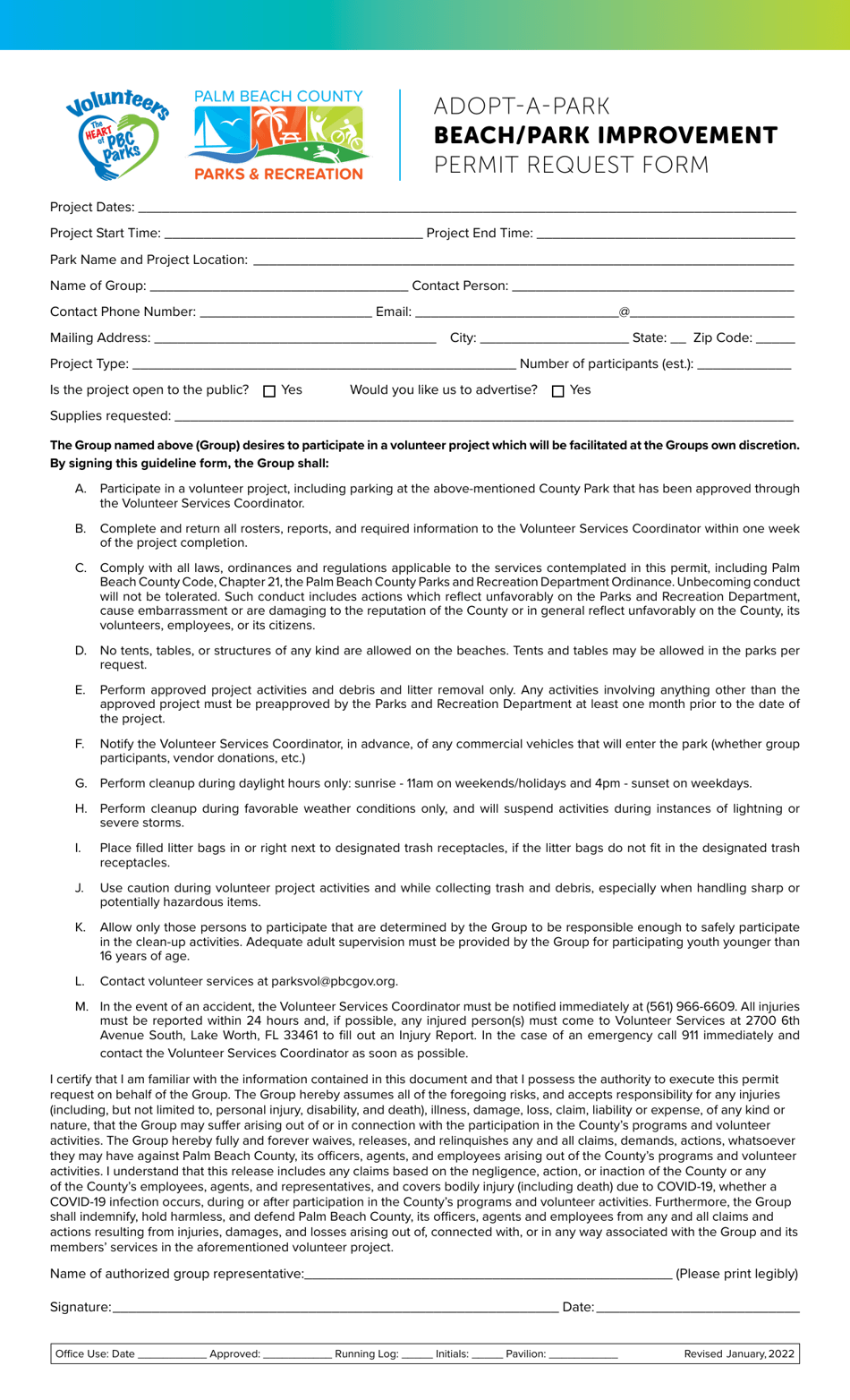 Adopt-A-park Beach / Park Improvement Permit Request Form - Palm Beach County, Florida, Page 1