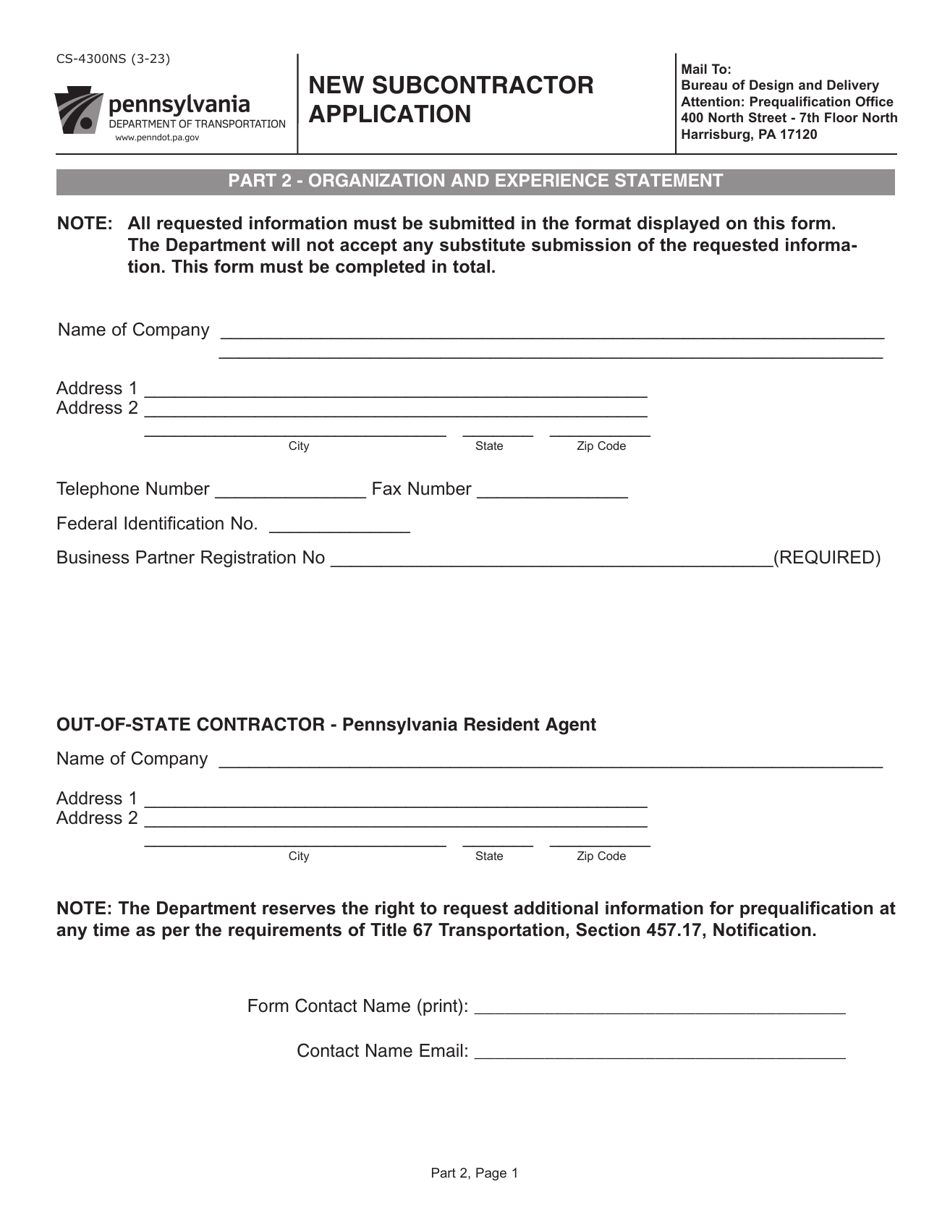 Form CS-4300NS New Subcontractor Application - Pennsylvania, Page 1
