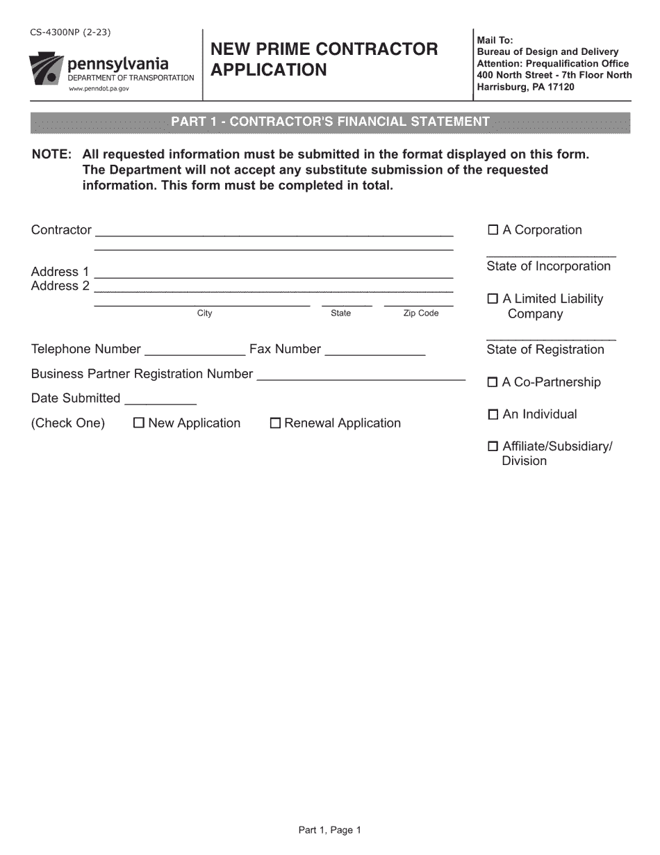 Form CS-4300NP New Prime Contractor Application - Pennsylvania, Page 1