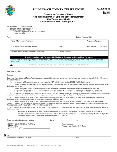 Form FAMO2-102 Statement for Exemption of Aircraft Sold for Removal From the State by a Nonresident Purchaser Other Than an Aircraft Dealer in Accordance With Rule 12a-1.007(10), F.a.c. - Palm Beach County, Florida