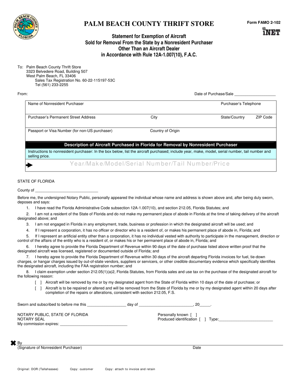 Form FAMO2-102 Statement for Exemption of Aircraft Sold for Removal From the State by a Nonresident Purchaser Other Than an Aircraft Dealer in Accordance With Rule 12a-1.007(10), F.a.c. - Palm Beach County, Florida, Page 1