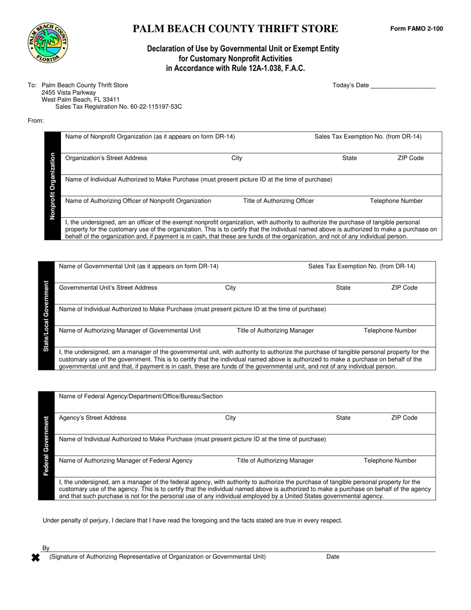 Form FAMO2-100 Declaration of Use by Governmental Unit or Exempt Entity for Customary Nonprofit Activities in Accordance With Rule 12a-1.038, F.a.c. - Palm Beach County, Florida, Page 1