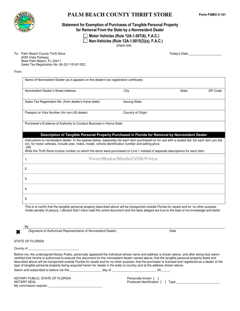Form FAMO2-101 Statement for Exemption of Purchases of Tangible Personal Property for Removal From the State by a Nonresident Dealer - Palm Beach County, Florida