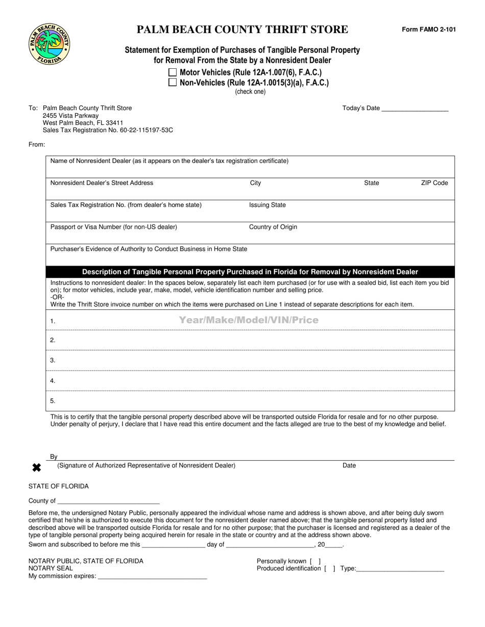 Form FAMO2-101 Statement for Exemption of Purchases of Tangible Personal Property for Removal From the State by a Nonresident Dealer - Palm Beach County, Florida, Page 1