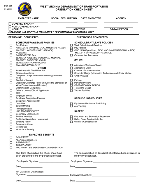 Form DOT-534 Orientation Check Sheet - West Virginia