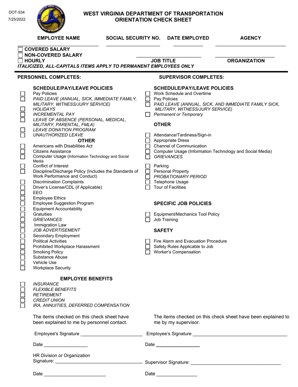 Form DOT-534 Orientation Check Sheet - West Virginia, Page 1