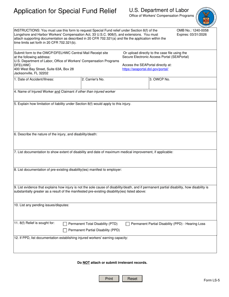 Form LS-5 Application for Special Fund Relief, Page 1