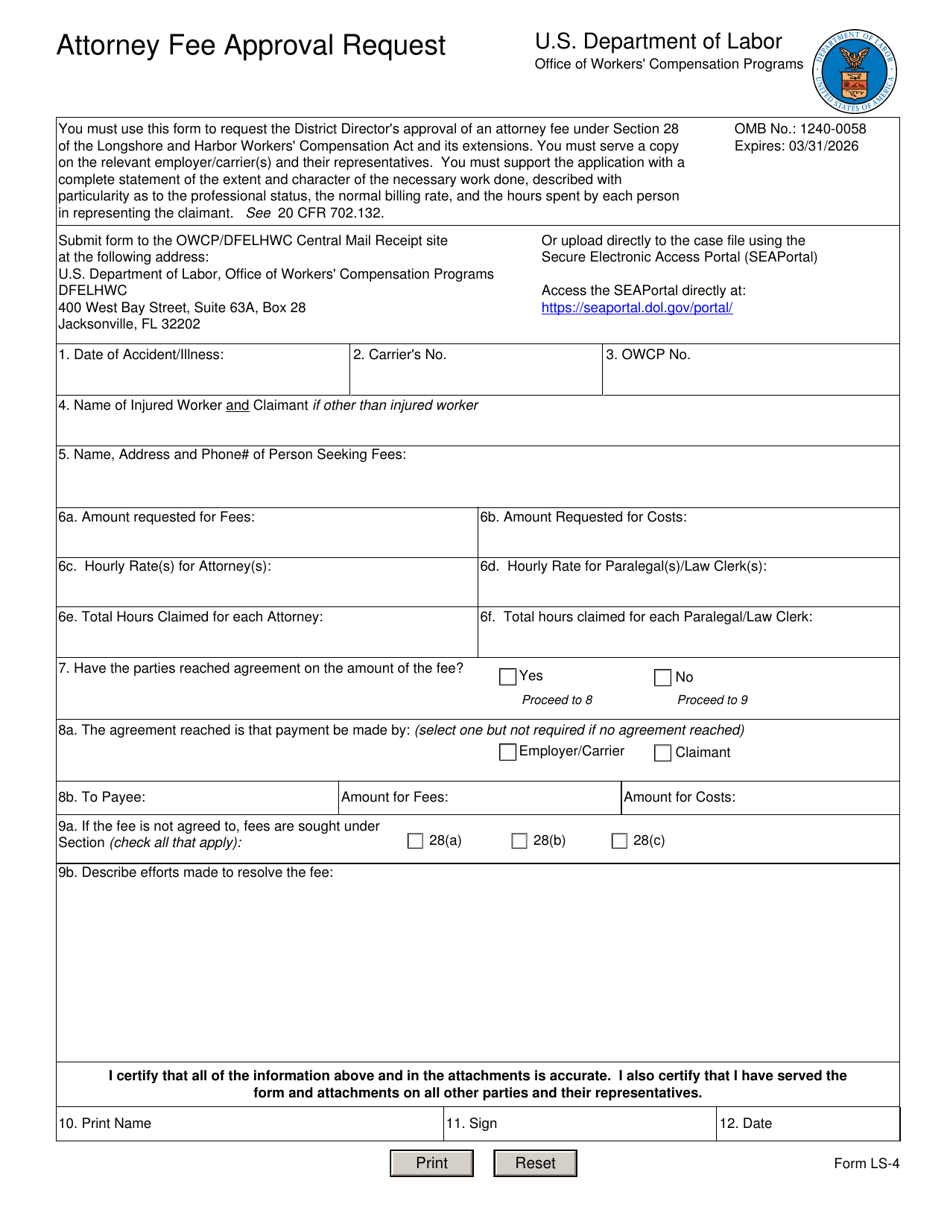 Form LS-4 Attorney Fee Approval Request, Page 1