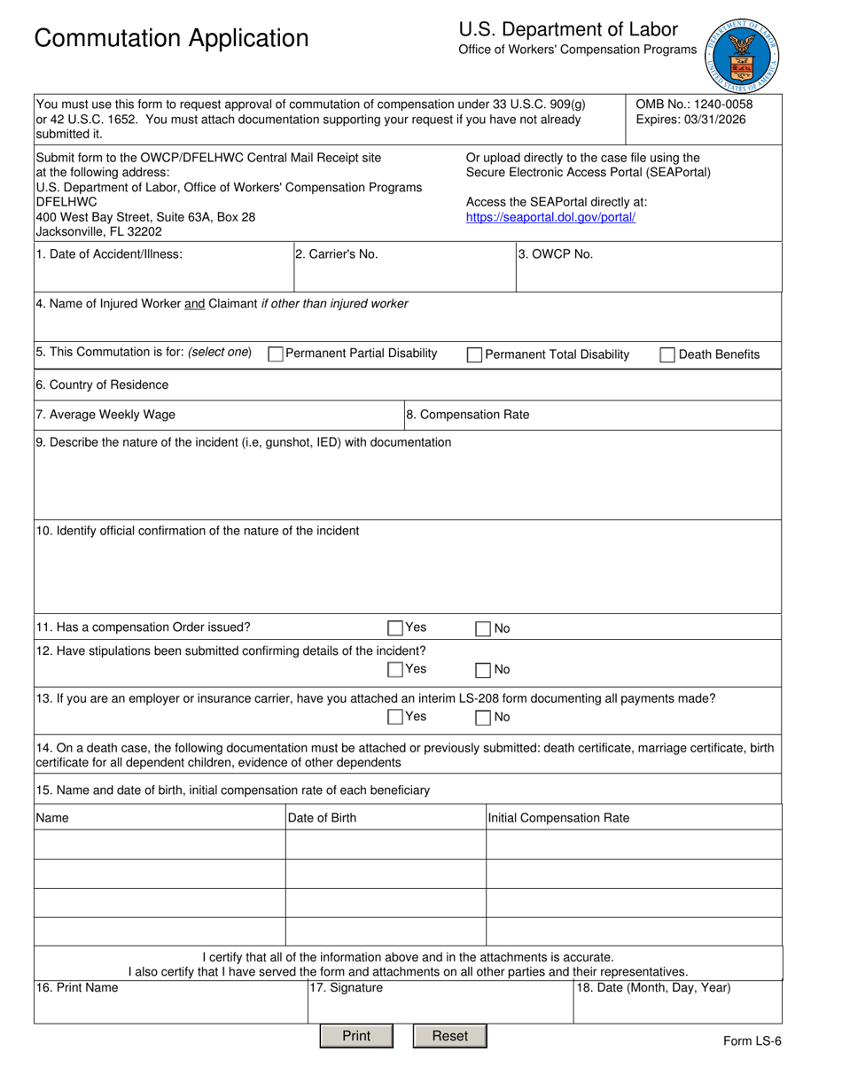 Form LS-6 Commutation Application, Page 1