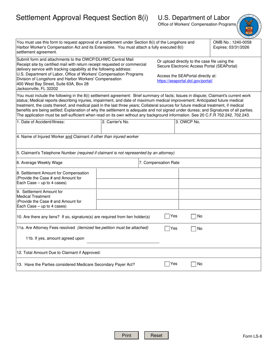 Form LS-8 Settlement Approval Request Section 8(I), Page 1