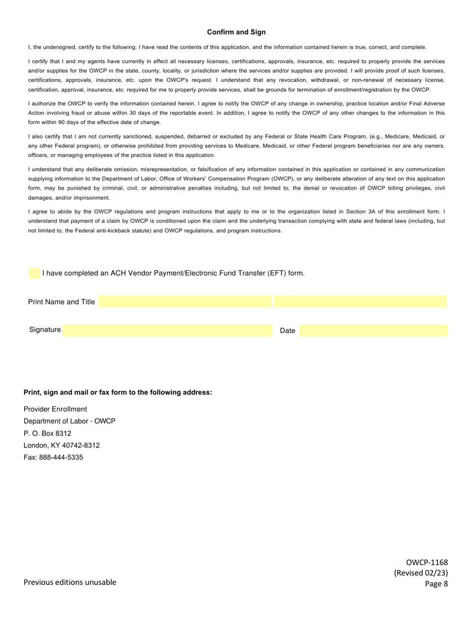 Form OWCP-1168 Provider Enrollment Form, Page 10