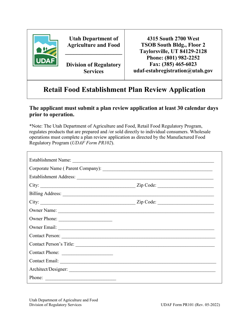 UDAF Form PR101 Retail Food Establishment Plan Review Application - Utah, Page 1