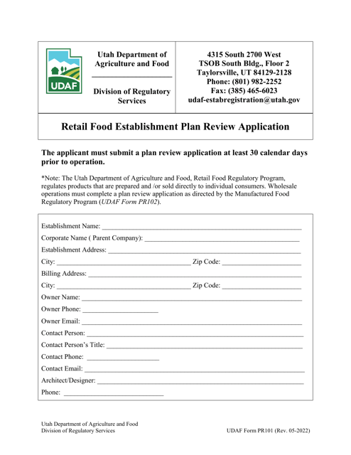 UDAF Form PR101 Retail Food Establishment Plan Review Application - Utah