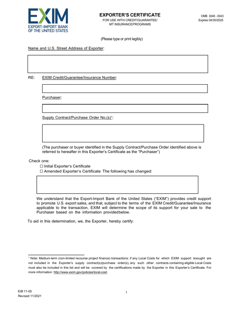 EIB Form 11-05 Exporter's Certificate for Direct Loan, Loan Guarantee & Mt Insurance Programs