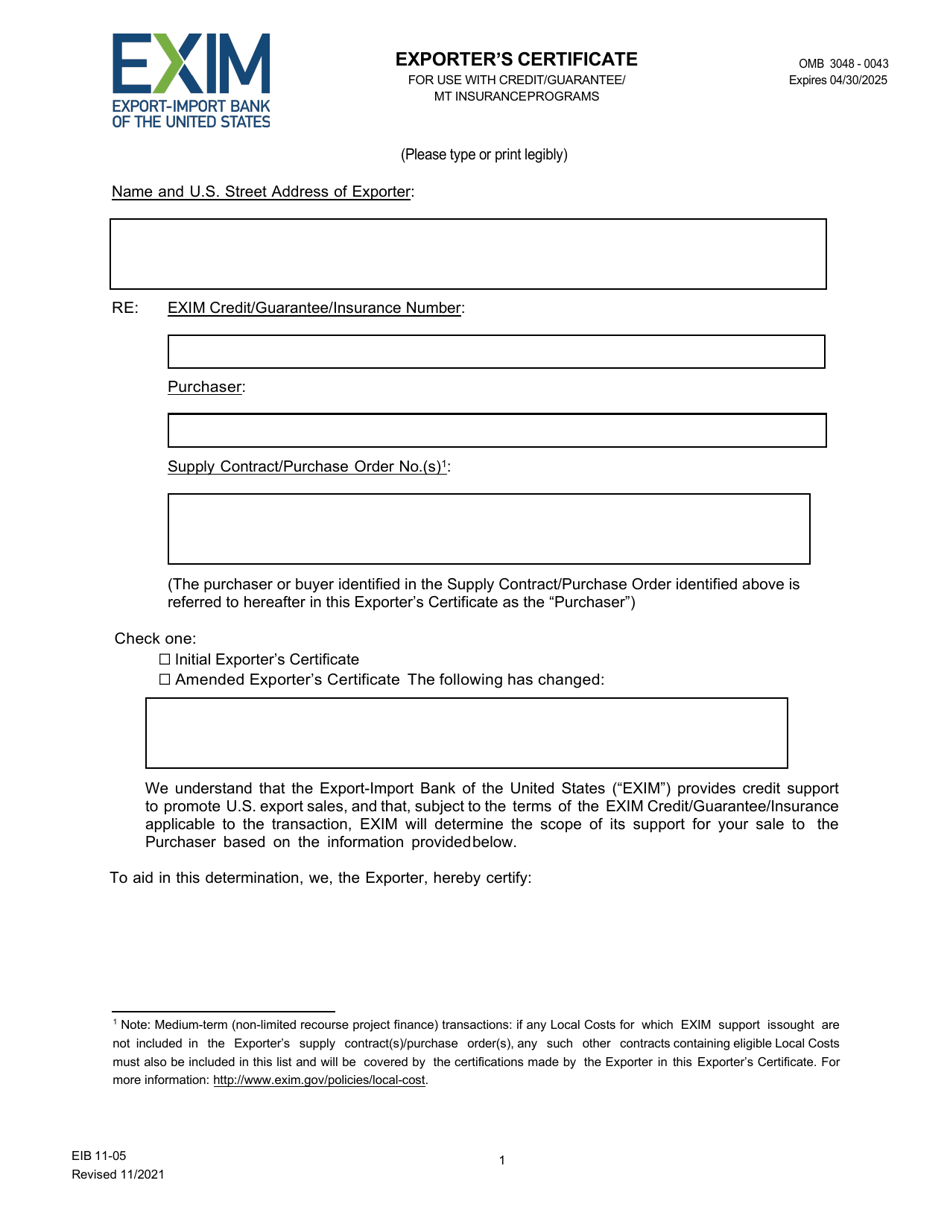 EIB Form 11 05 Fill Out Sign Online and Download Fillable PDF