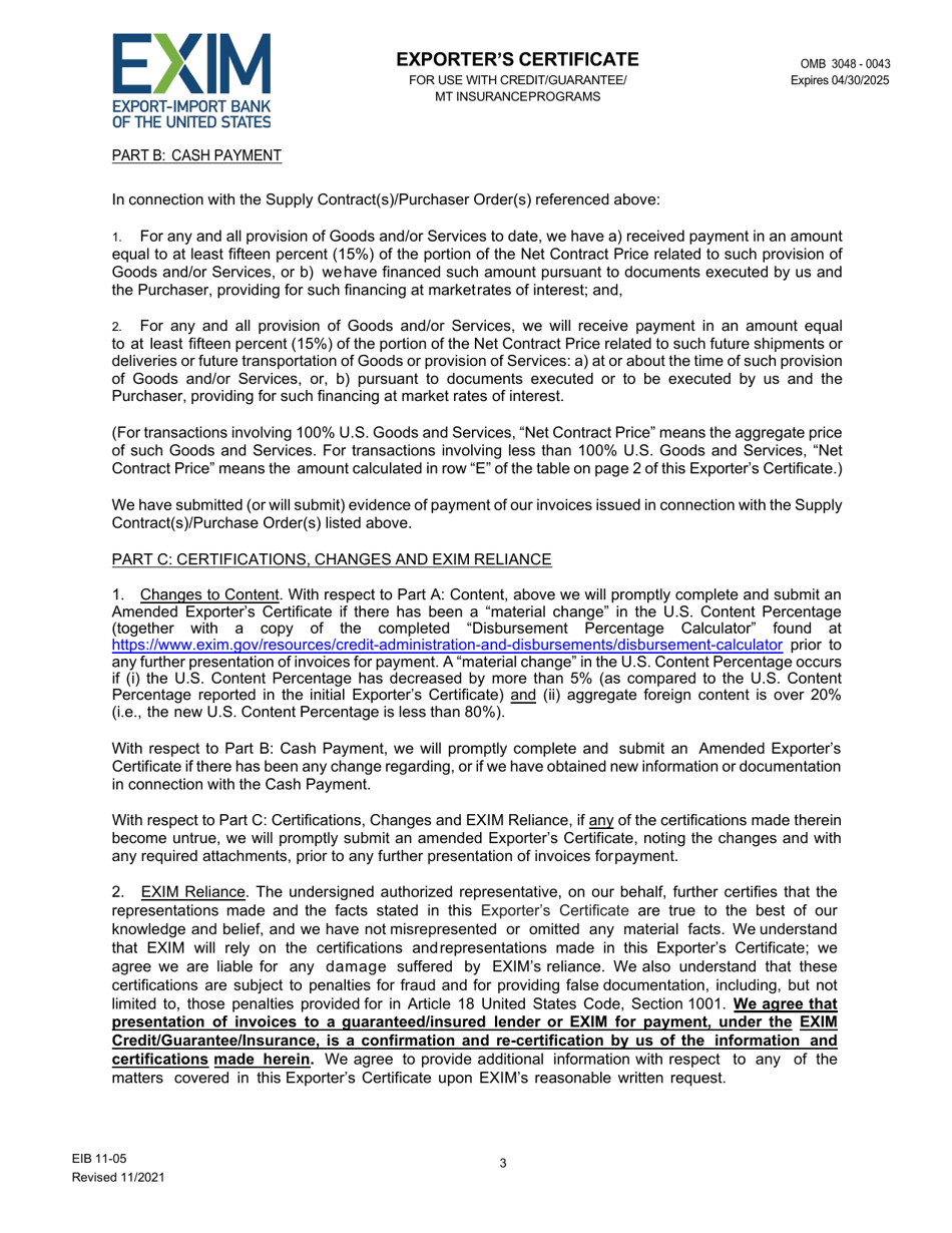 EIB Form 11-05 Exporters Certificate for Direct Loan, Loan Guarantee  Mt Insurance Programs, Page 3