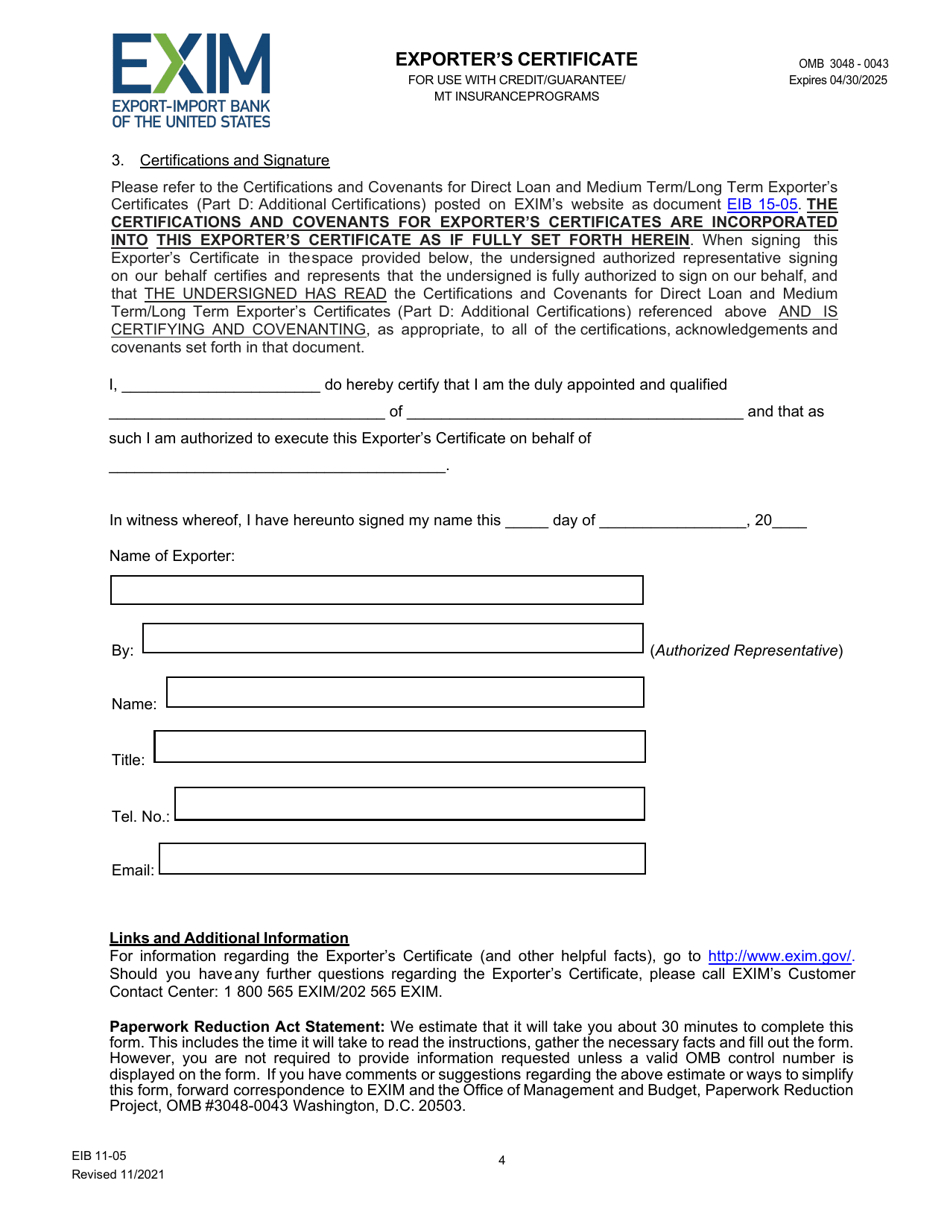EIB Form 11-05 Exporters Certificate for Direct Loan, Loan Guarantee  Mt Insurance Programs, Page 4